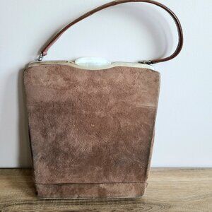 Vintage brown suede handbag with Lucite closure.